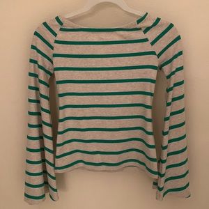 Anthropologie tan and green striped shirt Delta